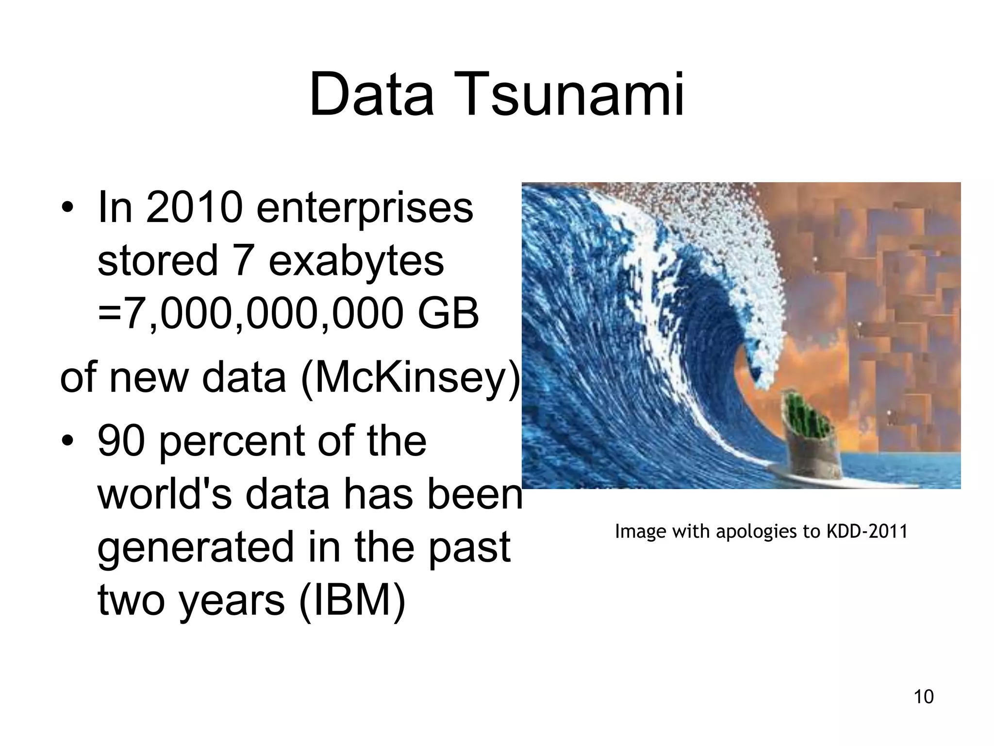 Data Tsunami
• In 2010 enterprises
  stored 7 exabytes
  =7,000,000,000 GB
of new data (McKinsey)
• 90 percent of the
  world's data has been
                          Image with apologies to KDD-2011
  generated in the past
  two years (IBM)
                                                             10
 