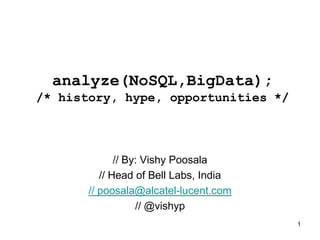 analyze(NoSQL,BigData);
/* history, hype, opportunities */




              // By: Vishy Poosala
          // Head of Bell Labs, India
       // poosala@alcatel-lucent.com
                   // @vishyp
                                        1
 