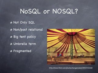 NoSQL or NOSQL?
Not Only SQL

Non/post relational

Big tent policy

Umbrella term

Fragmented



                      http://www.ﬂickr.com/photos/morgennebel/2933723145/
 