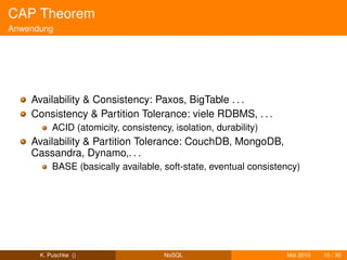 CAP Theorem
Anwendung




    Availability & Consistency: Paxos, BigTable . . .
    Consistency & Partition Tolerance: viele RDBMS, . . .
          ACID (atomicity, consistency, isolation, durability)
    Availability & Partition Tolerance: CouchDB, MongoDB,
    Cassandra, Dynamo,. . .
          BASE (basically available, soft-state, eventual consistency)




      K. Puschke ()                   NoSQL                       Mai 2010   10 / 30
 
