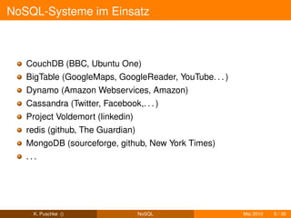 NoSQL-Systeme im Einsatz



   CouchDB (BBC, Ubuntu One)
   BigTable (GoogleMaps, GoogleReader, YouTube. . . )
   Dynamo (Amazon Webservices, Amazon)
   Cassandra (Twitter, Facebook,. . . )
   Project Voldemort (linkedin)
   redis (github, The Guardian)
   MongoDB (sourceforge, github, New York Times)
   ...




     K. Puschke ()                NoSQL                 Mai 2010   5 / 30
 