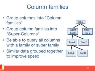 Column families
•  Group columns into "Column
families"
•  Group column families into
"Super-Columns"
•  Be able to query ...