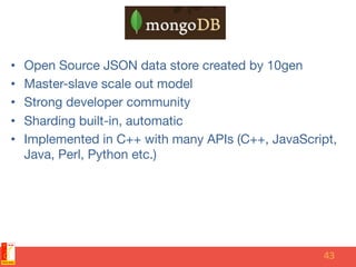 •  Open Source JSON data store created by 10gen
•  Master-slave scale out model
•  Strong developer community
•  Sharding ...