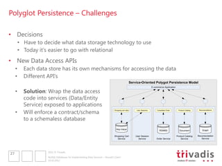 Polyglot Persistence – Challenges

• Decisions
         • Have to decide what data storage technology to use
         • Today it„s easier to go with relational
• New Data Access APIs
     •     Each data store has its own mechanisms for accessing the data
     •     Different API‟s
                                                                                                   Service-Oriented Polygot Persistence Model
                                                                                                                        E-commerce Application

     •     Solution: Wrap the data access
           code into services (Data/Entity
           Service) exposed to applications
     •     Will enforce a contract/schema
                                                                              Shopping cart data        User Sessions        Completed Order      Product Catalog    Recomendations




           to a schemaless database
                                                                                Key-Value                                                                               Graph
                                                                                                                               RDMBS               Document

                                                                              Shopping Cart            User Session                              Product Catalog    Recomendation
                                                                                 Service                 Service            Order Service            Service           Service




                     2012 © Trivadis
27
                     NoSQL Databases for Implementing Data Services – Should I Care?
                     10.10.2012
 