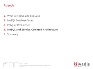Agenda


1. What is NoSQL and Big Data
2. NoSQL Database Types
3. Polyglot Persistence
4. NoSQL and Service-Oriented Architecture
5. Summary




              2012 © Trivadis
29
              NoSQL Databases for Implementing Data Services – Should I Care?
              10.10.2012
 