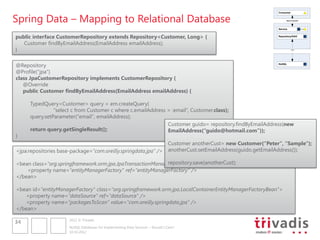 Spring Data – Mapping to Relational Database
                                                                                                                          Consumer


                                                                                                                                REST/SOAP



                                                                                                                          Service


public interface CustomerRepository extends Repository<Customer, Long> {                                                  Repository/DAO


   Customer findByEmailAddress(EmailAddress emailAddress);
}                                                                                                                                    ???




@Repository                                                                                                               NoSQL


@Profile(“jpa")
class JpaCustomerRepository implements CustomerRepository {
   @Override
   public Customer findByEmailAddress(EmailAddress emailAddress) {

     TypedQuery<Customer> query = em.createQuery(
               "select c from Customer c where c.emailAddress = :email“, Customer.class);
     query.setParameter("email", emailAddress);
                                                              Customer guido= repository.findByEmailAddress(new
     return query.getSingleResult();                          EmailAddress(“guido@hotmail.com"));
}
                                                                                 Customer anotherCust= new Customer(“Peter", “Sample");
<jpa:repositories base-package="com.oreilly.springdata.jpa" />                   anotherCust.setEmailAddress(guido.getEmailAddress());

                                                            repository.save(anotherCust);
<bean class="org.springframework.orm.jpa.JpaTransactionManager">
    <property name="entityManagerFactory" ref="entityManagerFactory" />
</bean>

<bean id="entityManagerFactory" class="org.springframework.orm.jpa.LocalContainerEntityManagerFactoryBean">
   <property name="dataSource" ref="dataSource" />
   <property name="packagesToScan" value="com.oreilly.springdata.jpa" />
</bean>

                      2012 © Trivadis
34
                      NoSQL Databases for Implementing Data Services – Should I Care?
                      10.10.2012
 