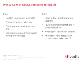 Pros & Cons of NoSQL compared to RDBMS


Pros                                                                  Cons
• No O/R impedance mismatch                                           • Lacks in tool and framework
                                                                        support
• Can easily evolve schemas
                                                                      • Few other implementations =>
• Can represent semi-structured
                                                                        potential lock in
  info
                                                                      • No support for ad-hoc queries
• Can represent graphs/networks
  (with performance)                                                  • Another/A new database in
                                                                        production to take care of




             2012 © Trivadis
45
             NoSQL Databases for Implementing Data Services – Should I Care?
             10.10.2012
 
