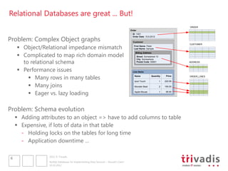 Relational Databases are great ... But!
                                                                                                                                ORDER
                                                                                   Order
                                                                                    ID: 1001

Problem: Complex Object graphs
                                                                                    Order Date: 15.9.2012

                                                                                     Customer

     Object/Relational impedance mismatch
                                                                                                                                CUSTOMER
                                                                                      First Name: Peter
                                                                                      Last Name: Sample


     Complicated to map rich domain model
                                                                                       Billing Address
                                                                                           Street: Somestreet 10

      to relational schema
                                                                                           City: Somewhere
                                                                                           Postal Code: 55901                   ADDRESS



     Performance issues                                                             Line Items


         Many rows in many tables                                                    Name

                                                                                      Ipod Touch
                                                                                                         Quantity

                                                                                                                   1
                                                                                                                        Price

                                                                                                                       220.95
                                                                                                                                ORDER_LINES



         Many joins                                                                  Monster Beat                 2   190.00


         Eager vs. lazy loading                                                      Apple Mouse                  1    69.90




Problem: Schema evolution
     Adding attributes to an object => have to add columns to table
     Expensive, if lots of data in that table
      - Holding locks on the tables for long time
      - Application downtime …

                 2012 © Trivadis
6
                 NoSQL Databases for Implementing Data Services – Should I Care?
                 10.10.2012
 