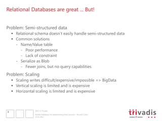 Relational Databases are great ... But!


Problem: Semi-structured data
     Relational schema doesn„t easily handle semi-structured data
     Common solutions
      - Name/Value table
        - Poor performance
        - Lack of constraint
      - Serialize as Blob
        - Fewer joins, but no query capabilities
Problem: Scaling
     Scaling writes difficult/expensive/impossible => BigData
     Vertical scaling is limited and is expensive
     Horizontal scaling is limited and is expensive



                 2012 © Trivadis
8
                 NoSQL Databases for Implementing Data Services – Should I Care?
                 10.10.2012
 