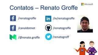 Contatos – Renato Groffe
/renatogroffe /in/renatogroffe
/canaldotnet /renatogroffe
/@renato.groffe /renatogroff
 