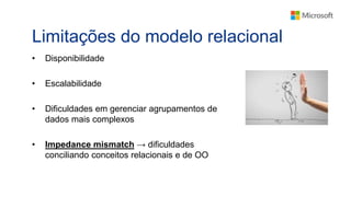 Limitações do modelo relacional
• Disponibilidade
• Escalabilidade
• Dificuldades em gerenciar agrupamentos de
dados mais complexos
• Impedance mismatch → dificuldades
conciliando conceitos relacionais e de OO
 