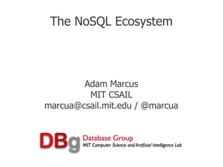 The NoSQL Ecosystem



        Adam Marcus
         MIT CSAIL
marcua@csail.mit.edu / @marcua
 