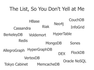 The List, So You Don't Yell at Me

                HBase                  CouchDB
                               Neo4j
   ...