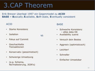 3.CAP Theorem
Erik Brewer überlegt 1997 ein Gegenmodel zu ACID
BASE – Basically Available, Soft-state, Eventually consistent


   ACID                                      BASE

   •   Starke Konsistenz                     •   Schwache Konsistenz
                                                  – altes data OK
   •   Isolation                             •   Availability zuerst
                                     vs
   •   Fokus auf Commit                      •   Versuch dein Bestes

   •   Geschachtelte                         •   Aggresiv (optimisticsch)
       Transaktionen
                                             •   Leichter!
   •   Konservativ (pessimistisch)
                                             •   Schneller
   •   Schwierige Umsetzung
                                             •   Einfacher Umsetzbar
   •   (e.g. Schema,
       Normalesierung, JOIN‘s)
                                                                            14
 