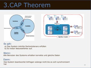 3.CAP Theorem




Es gilt:
 a) Das System möchte Partiontoleranz erfüllen
 b) Es treten Netzwekfehler auf.

Wenn:
Alle Benutzer des Systems erhalten korrekte und gleiche Daten

Dann:
Das System beantwortet Anfragen solange nicht bis es sich synchronisiert
hat                                                                        18
 