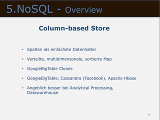 5.NoSQL -              Overview

          Column-based Store


  • Spalten als einfachste Datenhalter

  • Verteilte, multidimensonale, sortierte Map

  • GoogleBigTable Clones

  • GoogleBigTable, Cassandra (Facebook), Apache Hbase

  • Angeblich besser bei Analytical Processing,
    Datawarehouse




                                                         24
 