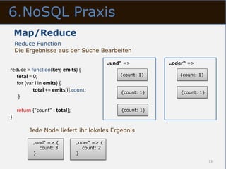 6.NoSQL Praxis
    Map/Reduce
    Reduce Function
    Die Ergebnisse aus der Suche Bearbeiten

                                              „und“ =>         „oder“ =>
reduce = function(key, emits) {
   total = 0;                                     {count: 1}      {count: 1}
   for (var i in emits) {
           total += emits[i].count;               {count: 1}       {count: 1}
    }

    return {"count" : total};                     {count: 1}
}

         Jede Node liefert ihr lokales Ergebnis

           „und“ => {           „oder“ => {
             count: 3              count: 2
           }                    }
                                                                                33
 