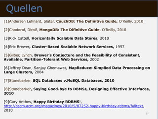 Quellen
[1]Andersen Lehnard, Slater, CouchDB: The Definitive Guide, O‘Reilly, 2010

[2]Chodorof, Dirolf, MongoDB: The Difinitive Guide, O‘Reilly, 2010

[3]Rick Cattell, Horizontally Scalable Data Stores, 2010

[4]Eric Brewer, Cluster-Based Scalable Network Services, 1997

[5]Gilber, Lynch, Brewer’s Conjecture and the Feasibility of Consistent,
Available, Partition-Tolerant Web Services, 2002

[6]Jeffrey Dean, Sanjay Ghemawat, MapReduce: Simplied Data Processing on
Large Clusters, 2004

[7]Stonebarker, SQL Databases v.NoSQL Databases, 2010

[8]Stonebarker, Saying Good-bye to DBMSs, Designing Effective Interfaces,
2010

[9]Gary Anthes, Happy Birthday RDBMS!,
http://cacm.acm.org/magazines/2010/5/87252-happy-birthday-rdbms/fulltext,
2010
                                                                             37
 