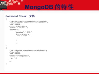 MongoDB 的特性 document!=row  文档 { "_id" : ObjectId("4caeb59438336e36fcdb2b59"), "uid" : 11909, "uname " : " bird007 " , "address" : { "province" : " 湖北 ",   "city" : " 武汉“ ,   … }, … } { "_id" : ObjectId("4caeb59438336e36fc9306f4"), "uid" : 11910, "uname " : " magicman " ,  “ sex " : 0  … } 