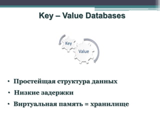 Key – Value Databases




• Простейщая структура данных
• Низкие задержки
• Виртуальная память = хранилище
 
