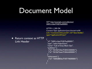 Document Model
                             GET http://example.com/collection/
                             500f1a1b6e7f1827ba000001

                             HTTP/1.1 200 OK
                             Content-Type: application/json;charset=utf-8
                             Link: </contexts/wikia.jsonld>; rel="describedby";
                             type="application/ld+json"

•   Return context as HTTP   {
    Link Header                  "id": "500f1a1b6e7f1827ba000001",
                                 "type": "wikia:VideoGame",
                                 "name": "Call of Duty: Black Ops",
                                 "publisher": [
                                    {"id": "501067246e7f184553000001"},
                                    {"id": "5010675a6e7f18464d000001"}
                                 ],
                                 "wikia:event": [
                                    {"id": "500f28856e7f187196000001"}
                                 ]
                             }
 