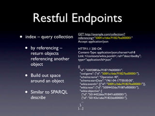 Restful Endpoints
•
                               GET http://example.com/collection/?
    index – query collection   referencing="500f1a1b6e7f1827ba000001"
                               Accept: application/json

    •   by referencing –       HTTP/1.1 200 OK
        return objects         Content-Type: application/json;charset=utf-8
                               Link: </contexts/wikia.jsonld>; rel="describedby";
        referencing another    type="application/ld+json"
        object                 [{
                                 "id": "500f28856e7f187196000001",

    •   Build out space          "cod:game": {"id": "500f1a1b6e7f1827ba000001"},
                                 "schema:name": "Operation 40",
        around an object         "schema:startDate": "1961-04-17T00:00:00",
                                 "wikia:eventIn": [{"id": "500f1a1b6e7f1827ba000001"}],
                                 "wikia:next": {"id": "500f44556e7f18f7ef000001"},

    •   Similar to SPARQL        "wikia:objective": [
                                    {"id": "501445266e7f1847c6000001"},
        describe                    {"id": "50143e1e6e7f18256d000001"},
                                    ...
                                 ],
                               }, ...]
 