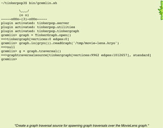 ~/tinkerpop3$ bin/gremlin.sh
,,,/
(o o)
-----oOOo-(3)-oOOo-----
plugin activated: tinkerpop.server
plugin activated: tinkerpop.utilities
plugin activated: tinkerpop.tinkergraph
gremlin> graph = TinkerGraph.open()
==>tinkergraph[vertices:0 edges:0]
gremlin> graph.io(gryo()).readGraph('/tmp/movie-lens.kryo')
==>null
gremlin> g = graph.traversal()
==>graphtraversalsource[tinkergraph[vertices:9962 edges:1012657], standard]
gremlin>
"Create a graph traversal source for spawning graph traversals over the MovieLens graph."
 