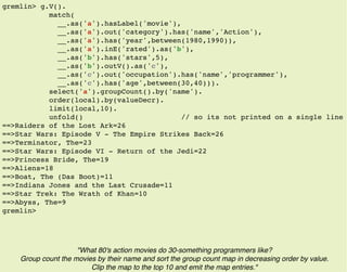 "What 80's action movies do 30-something programmers like?
Group count the movies by their name and sort the group count map in decreasing order by value.
Clip the map to the top 10 and emit the map entries."
gremlin> g.V().
match(
__.as('a').hasLabel('movie'),
__.as('a').out('category').has('name','Action'),
__.as('a').has('year',between(1980,1990)),
__.as('a').inE('rated').as('b'),
__.as('b').has('stars',5),
__.as('b').outV().as('c'),
__.as('c').out('occupation').has('name','programmer'),
__.as('c').has('age',between(30,40))).
select('a').groupCount().by('name').
order(local).by(valueDecr).
limit(local,10).
unfold() // so its not printed on a single line
==>Raiders of the Lost Ark=26
==>Star Wars: Episode V - The Empire Strikes Back=26
==>Terminator, The=23
==>Star Wars: Episode VI - Return of the Jedi=22
==>Princess Bride, The=19
==>Aliens=18
==>Boat, The (Das Boot)=11
==>Indiana Jones and the Last Crusade=11
==>Star Trek: The Wrath of Khan=10
==>Abyss, The=9
gremlin>
 