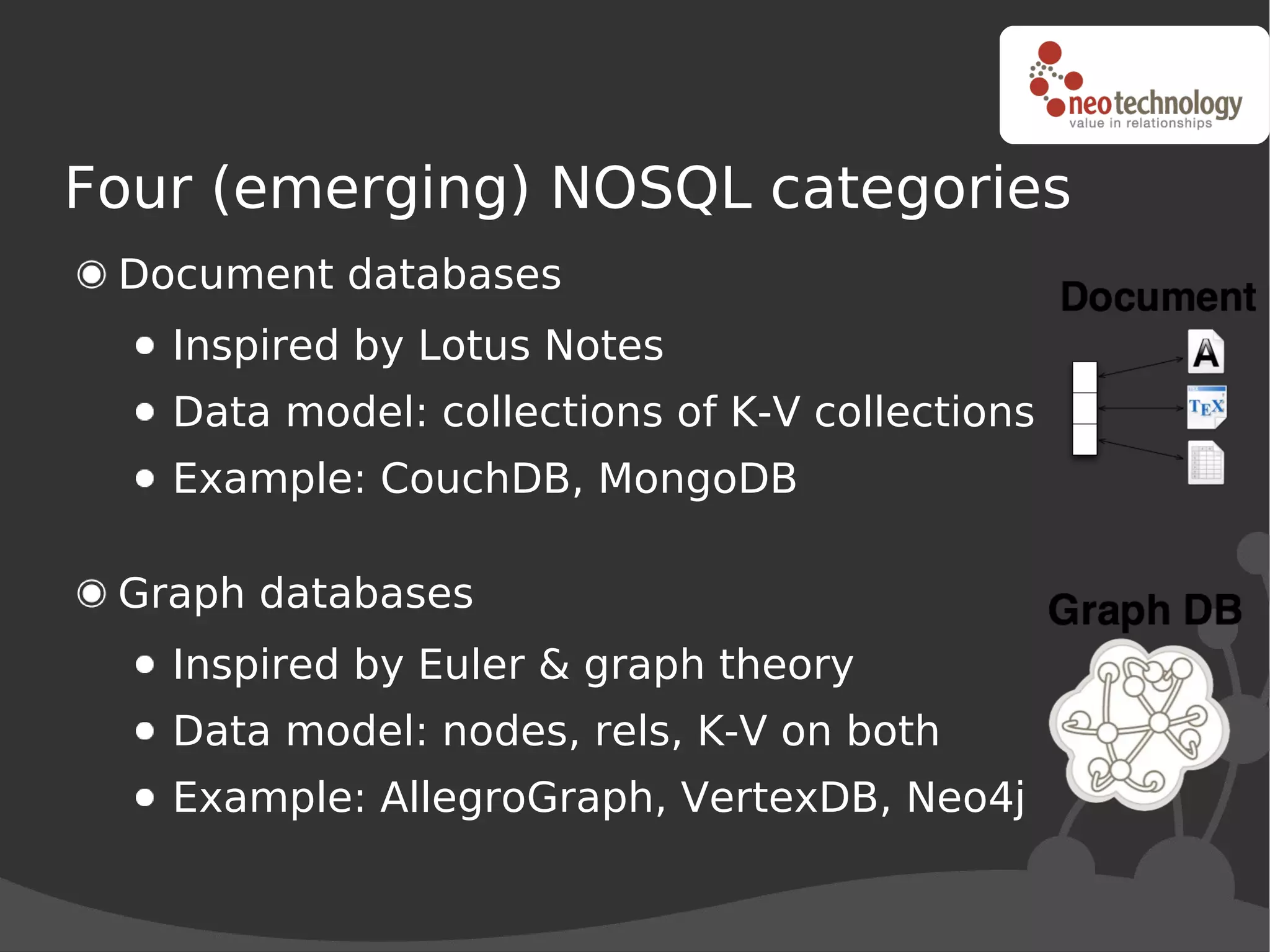 Four (emerging) NOSQL categories
 Document databases
   Inspired by Lotus Notes
   Data model: collections of K-V collections
   Example: CouchDB, MongoDB

 Graph databases
   Inspired by Euler & graph theory
   Data model: nodes, rels, K-V on both
   Example: AllegroGraph, VertexDB, Neo4j
 