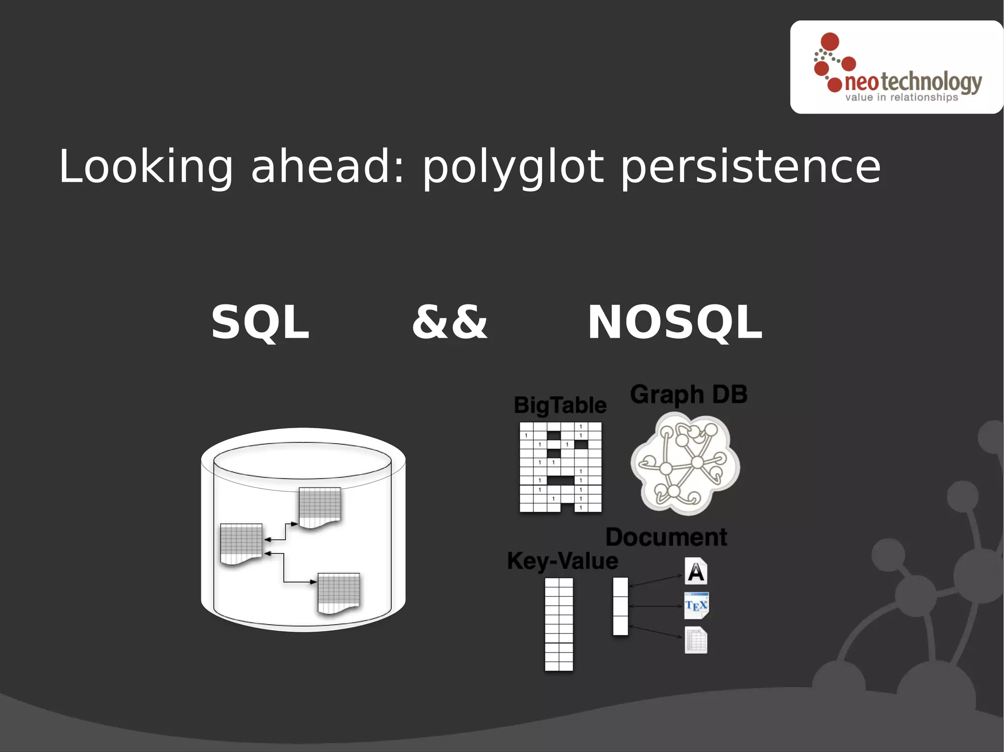 Looking ahead: polyglot persistence


      SQL     &&      NOSQL
 