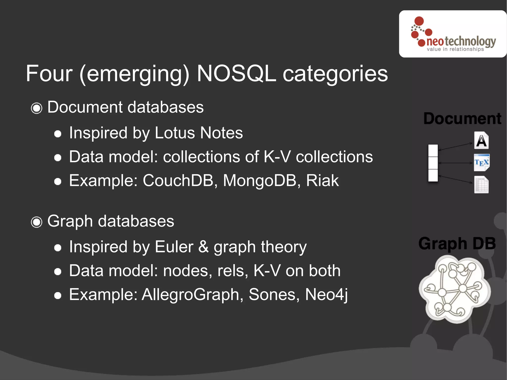 Four (emerging) NOSQL categories
 Document databases
   Inspired by Lotus Notes
   Data model: collections of K-V collections
   Example: CouchDB, MongoDB, Riak

 Graph databases
   Inspired by Euler & graph theory
   Data model: nodes, rels, K-V on both
   Example: AllegroGraph, Sones, Neo4j
 