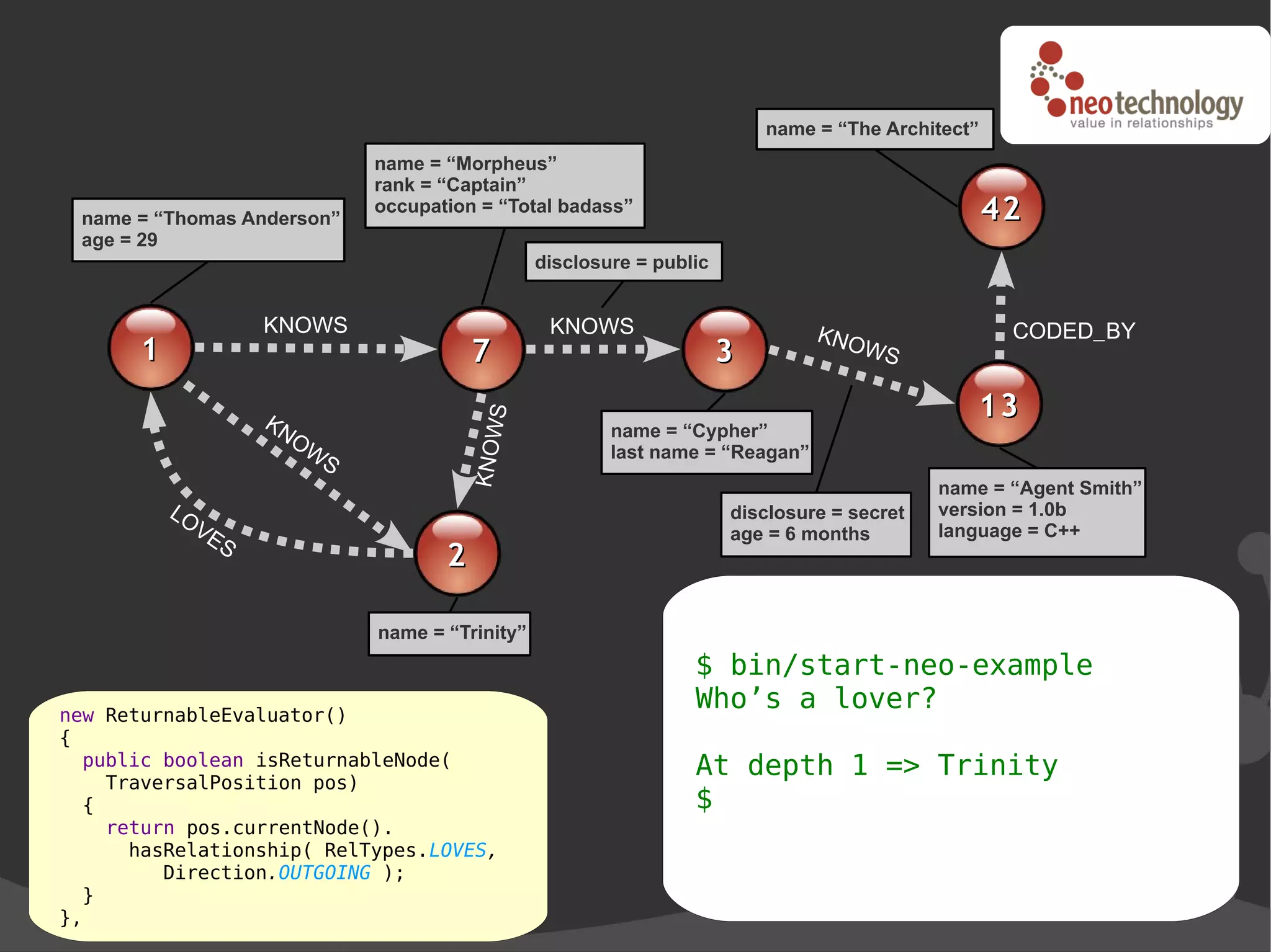name = “The Architect”
                                name = “Morpheus”
                                rank = “Captain”
 name = “Thomas Anderson”
                                occupation = “Total badass”                                            42
 age = 29
                                                    disclosure = public


                    KNOWS                            KNOWS                         KNO                  CODED_BY
      1                                    7                              3           W   S

                    KN                                                                             13

                                                S
                                                            name = “Cypher”

                                           KNOW
                       OW
                            S                               last name = “Reagan”
                                                                                                name = “Agent Smith”
          LO                                                              disclosure = secret   version = 1.0b
             VE                                                           age = 6 months        language = C++
                S
                                       2

                                name = “Trinity”
                                                                     $ bin/start-neo-example
new ReturnableEvaluator()
                                                                     Who’s a lover?
{
  public boolean isReturnableNode(
    TraversalPosition pos)
                                                                     At depth 1 => Trinity
  {                                                                  $
    return pos.currentNode().
      hasRelationship( RelTypes.LOVES,
         Direction.OUTGOING );
  }
},
 