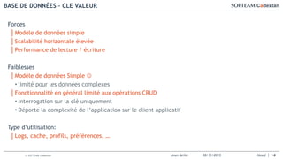 Jean-Seiler 28/11/2015 Nosql© SOFTEAM Cadextan
BASE DE DONNÉES – CLE VALEUR
14
Forces
│Modèle de données simple
│Scalabilité horizontale élevée
│Performance de lecture / écriture
Faiblesses
│Modèle de données Simple 
• limité pour les données complexes
│Fonctionnalité en général limité aux opérations CRUD
• Interrogation sur la clé uniquement
• Déporte la complexité de l’application sur le client applicatif
Type d’utilisation:
│Logs, cache, profils, préférences, …
 