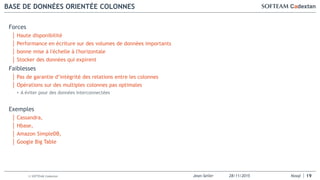 Jean-Seiler 28/11/2015 Nosql© SOFTEAM Cadextan
BASE DE DONNÉES ORIENTÉE COLONNES
19
Forces
│ Haute disponibilité
│ Performance en écriture sur des volumes de données importants
│ bonne mise à l'échelle à l'horizontale
│ Stocker des données qui expirent
Faiblesses
│ Pas de garantie d’intégrité des relations entre les colonnes
│ Opérations sur des multiples colonnes pas optimales
• A éviter pour des données interconnectées
Exemples
│ Cassandra,
│ Hbase,
│ Amazon SimpleDB,
│ Google Big Table
 