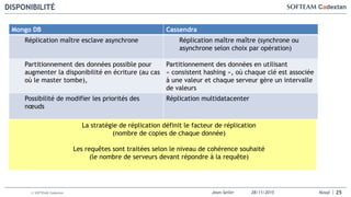 Jean-Seiler 28/11/2015 Nosql© SOFTEAM Cadextan
DISPONIBILITÉ
25
La stratégie de réplication définit le facteur de réplication
(nombre de copies de chaque donnée)
Les requêtes sont traitées selon le niveau de cohérence souhaité
(le nombre de serveurs devant répondre à la requête)
Mongo DB Cassendra
Réplication maître esclave asynchrone Réplication maître maître (synchrone ou
asynchrone selon choix par opération)
Partitionnement des données possible pour
augmenter la disponibilité en écriture (au cas
où le master tombe),
Partitionnement des données en utilisant
« consistent hashing », où chaque clé est associée
à une valeur et chaque serveur gère un intervalle
de valeurs
Possibilité de modifier les priorités des
nœuds
Réplication multidatacenter
 