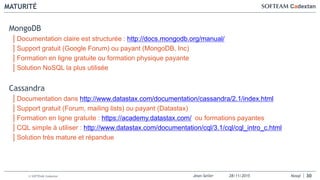 Jean-Seiler 28/11/2015 Nosql© SOFTEAM Cadextan
MATURITÉ
MongoDB
│Documentation claire est structurée : http://docs.mongodb.org/manual/
│Support gratuit (Google Forum) ou payant (MongoDB, Inc)
│Formation en ligne gratuite ou formation physique payante
│Solution NoSQL la plus utilisée
Cassandra
│Documentation dans http://www.datastax.com/documentation/cassandra/2.1/index.html
│Support gratuit (Forum, mailing lists) ou payant (Datastax)
│Formation en ligne gratuite : https://academy.datastax.com/ ou formations payantes
│CQL simple à utiliser : http://www.datastax.com/documentation/cql/3.1/cql/cql_intro_c.html
│Solution très mature et répandue
30
 