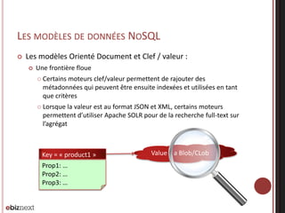 LES MODÈLES DE DONNÉES NOSQL


Les modèles Orienté Document et Clef / valeur :


Une frontière floue
 Certains

moteurs clef/valeur permettent de rajouter des
métadonnées qui peuvent être ensuite indexées et utilisées en tant
que critères

 Lorsque

la valeur est au format JSON et XML, certains moteurs
permettent d’utiliser Apache SOLR pour de la recherche full-text sur
l’agrégat

Key = « product1 »
Prop1: …
Prop2: …
Prop3: …

Value à a Blob/CLob

 