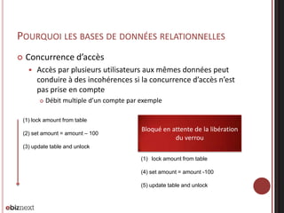 POURQUOI LES BASES DE DONNÉES RELATIONNELLES


Concurrence d’accès


Accès par plusieurs utilisateurs aux mêmes données peut
conduire à des incohérences si la concurrence d’accès n’est
pas prise en compte


Débit multiple d’un compte par exemple

(1) lock amount from table
(2) set amount = amount – 100

Bloqué en attente de la libération
du verrou

(3) update table and unlock
(1) lock amount from table
(4) set amount = amount -100
(5) update table and unlock

 