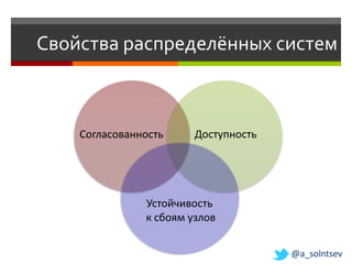 Свойства распределённых систем



    Согласованность     Доступность




               Устойчивость
               к сбоям узлов


                                      @a_solntsev
 