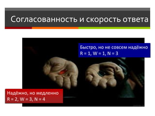 Согласованность и скорость ответа

                       Быстро, но не совсем надёжно
                       R = 1, W = 1, N = 3




Надёжно, но медленно
R = 2, W = 3, N = 4
 
