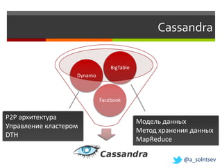 Cassandra

                                BigTable
                   Dynamo



                            Facebook


P2P архитектура
                                           Модель данных
Управление кластером
                                           Метод хранения данных
DTH
                                           MapReduce
                       Cassandra
                                                       @a_solntsev
 