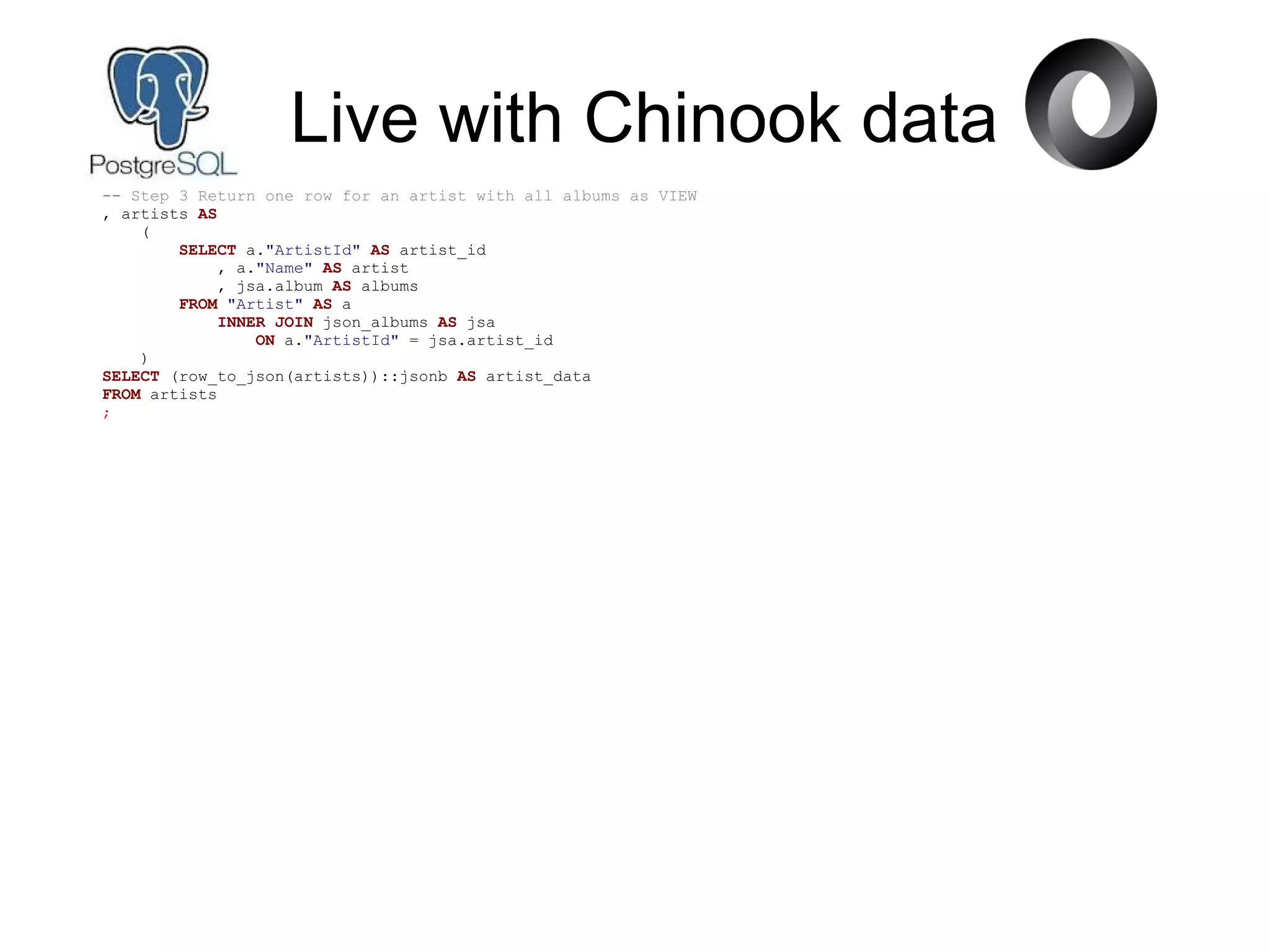Live with Chinook data
-- Step 3 Return one row for an artist with all albums as VIEW
, artists AS
(
SELECT a."ArtistId" AS artist_id
, a."Name" AS artist
, jsa.album AS albums
FROM "Artist" AS a
INNER JOIN json_albums AS jsa
ON a."ArtistId" = jsa.artist_id
)
SELECT (row_to_json(artists))::jsonb AS artist_data
FROM artists
;
 