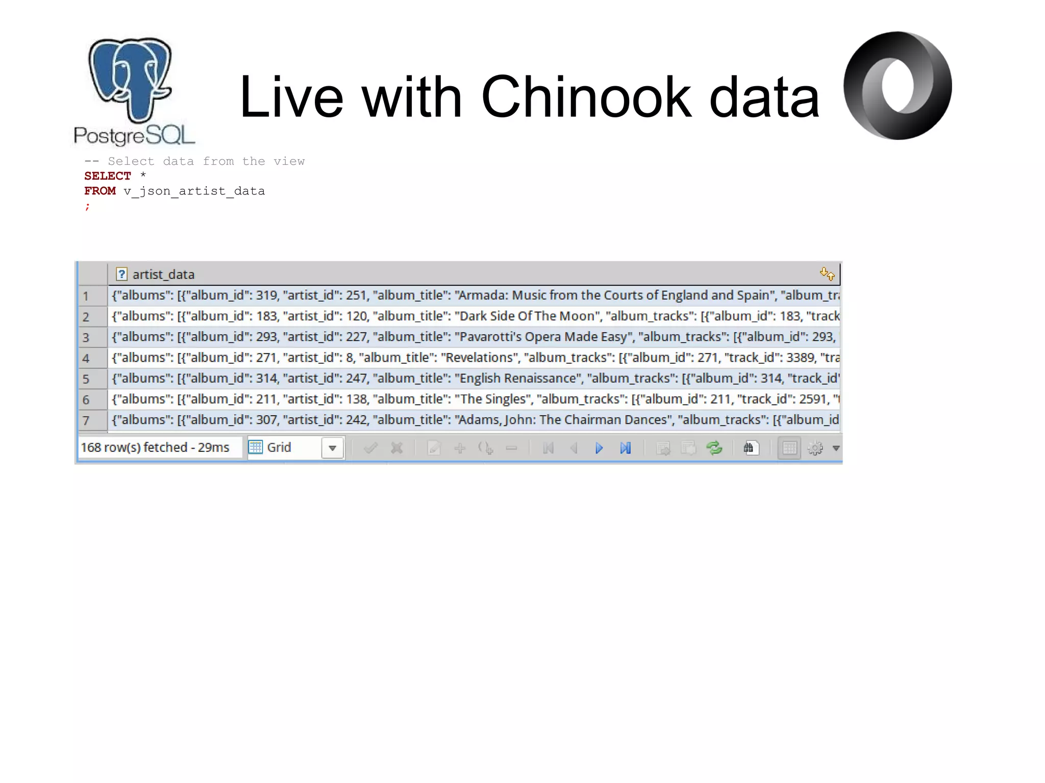 Live with Chinook data
-- Select data from the view
SELECT *
FROM v_json_artist_data
;
 
