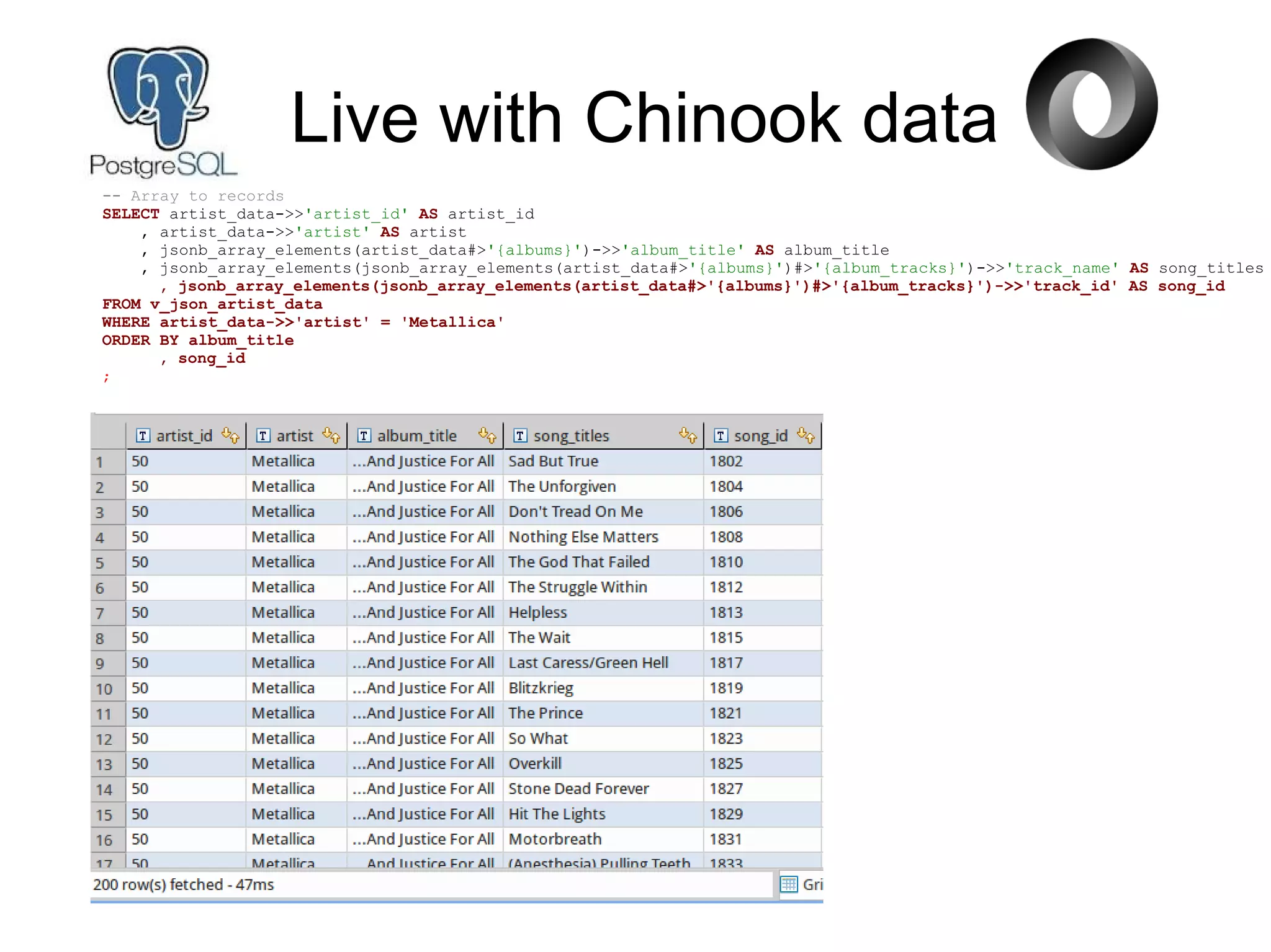 Live with Chinook data
-- Array to records
SELECT artist_data->>'artist_id' AS artist_id
, artist_data->>'artist' AS artist
, jsonb_array_elements(artist_data#>'{albums}')->>'album_title' AS album_title
, jsonb_array_elements(jsonb_array_elements(artist_data#>'{albums}')#>'{album_tracks}')->>'track_name' AS song_titles
, jsonb_array_elements(jsonb_array_elements(artist_data#>'{albums}')#>'{album_tracks}')->>'track_id' AS song_id
FROM v_json_artist_data
WHERE artist_data->>'artist' = 'Metallica'
ORDER BY album_title
, song_id
;
 