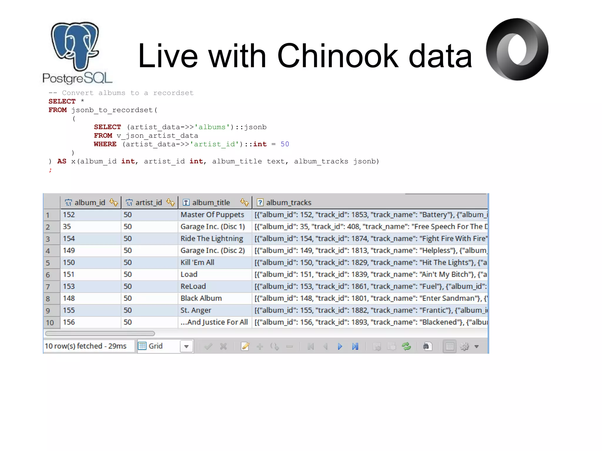 Live with Chinook data
-- Convert albums to a recordset
SELECT *
FROM jsonb_to_recordset(
(
SELECT (artist_data->>'albums')::jsonb
FROM v_json_artist_data
WHERE (artist_data->>'artist_id')::int = 50
)
) AS x(album_id int, artist_id int, album_title text, album_tracks jsonb)
;
 