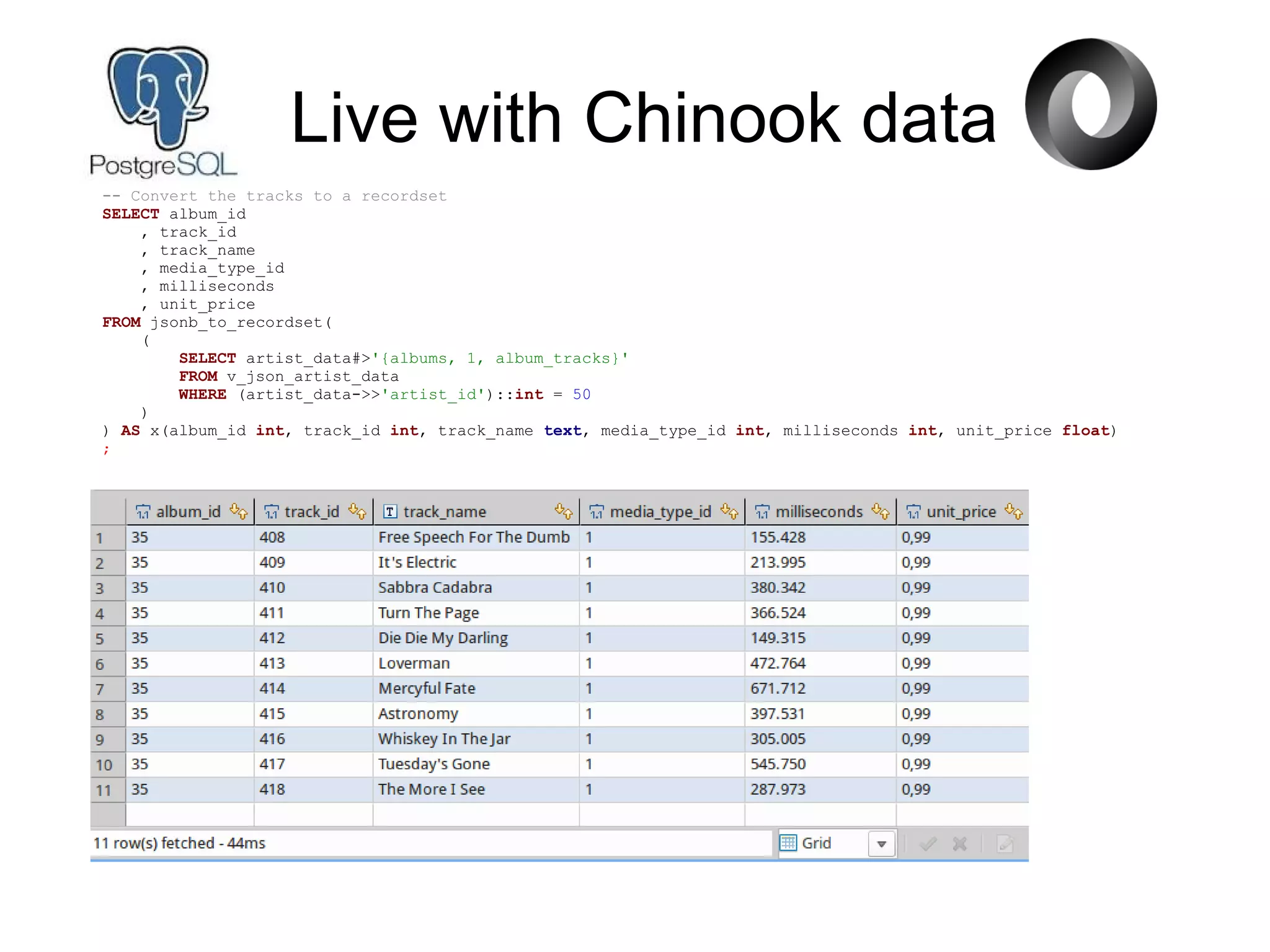 Live with Chinook data
-- Convert the tracks to a recordset
SELECT album_id
, track_id
, track_name
, media_type_id
, milliseconds
, unit_price
FROM jsonb_to_recordset(
(
SELECT artist_data#>'{albums, 1, album_tracks}'
FROM v_json_artist_data
WHERE (artist_data->>'artist_id')::int = 50
)
) AS x(album_id int, track_id int, track_name text, media_type_id int, milliseconds int, unit_price float)
;
 