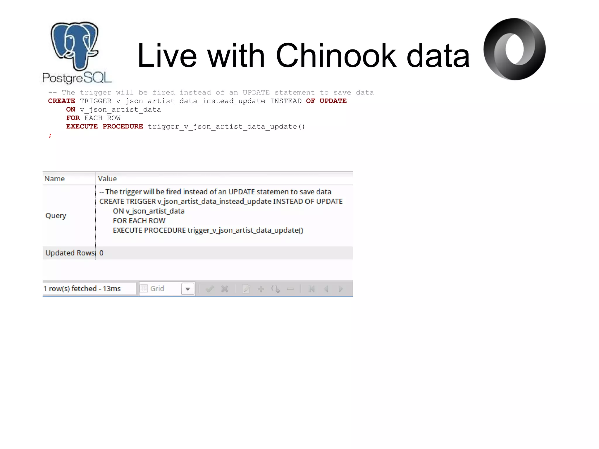 Live with Chinook data
-- The trigger will be fired instead of an UPDATE statement to save data
CREATE TRIGGER v_json_artist_data_instead_update INSTEAD OF UPDATE
ON v_json_artist_data
FOR EACH ROW
EXECUTE PROCEDURE trigger_v_json_artist_data_update()
;
 