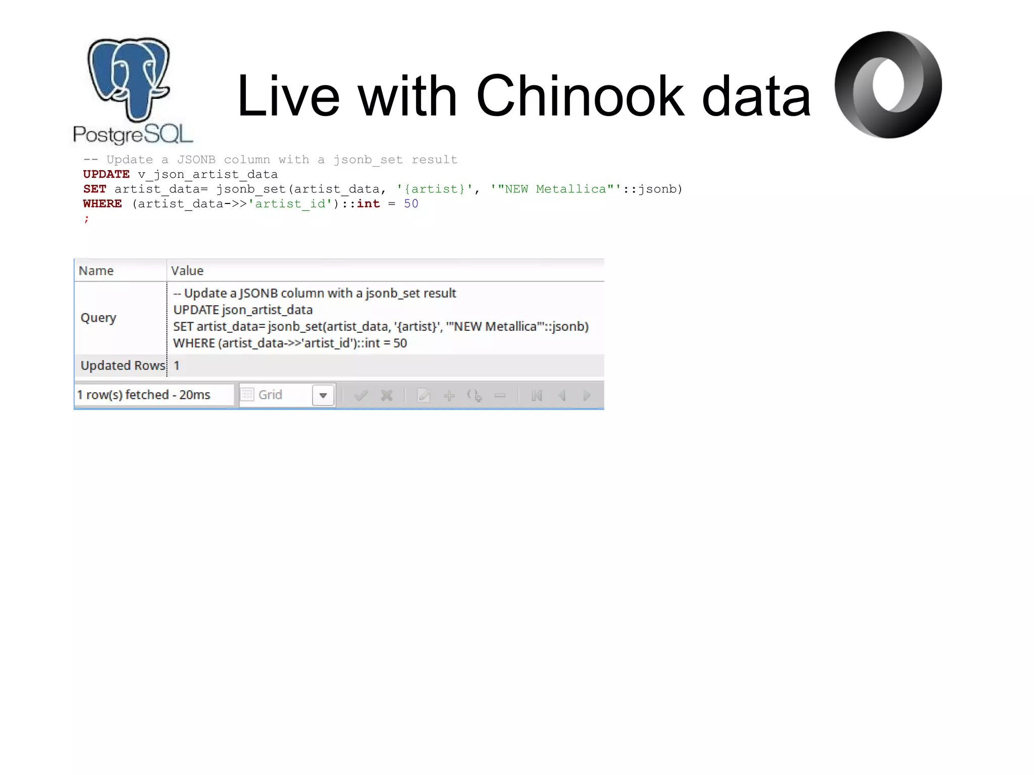 Live with Chinook data
-- Update a JSONB column with a jsonb_set result
UPDATE v_json_artist_data
SET artist_data= jsonb_set(artist_data, '{artist}', '"NEW Metallica"'::jsonb)
WHERE (artist_data->>'artist_id')::int = 50
;
 