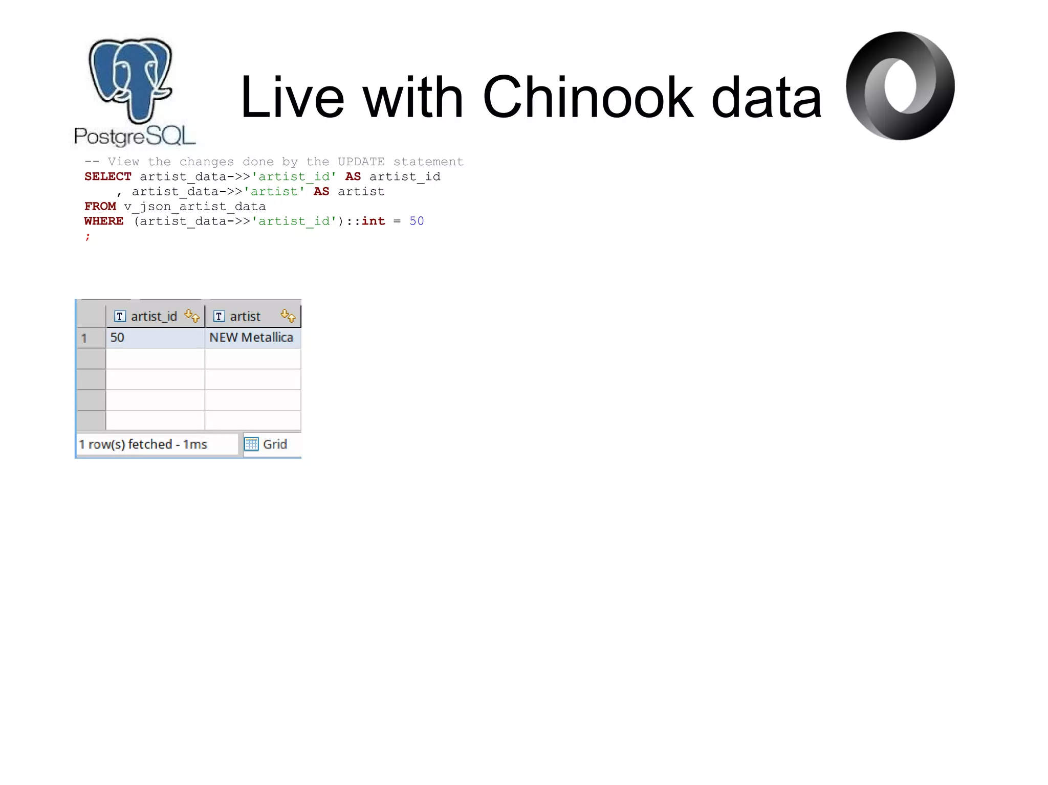 Live with Chinook data
-- View the changes done by the UPDATE statement
SELECT artist_data->>'artist_id' AS artist_id
, artist_data->>'artist' AS artist
FROM v_json_artist_data
WHERE (artist_data->>'artist_id')::int = 50
;
 