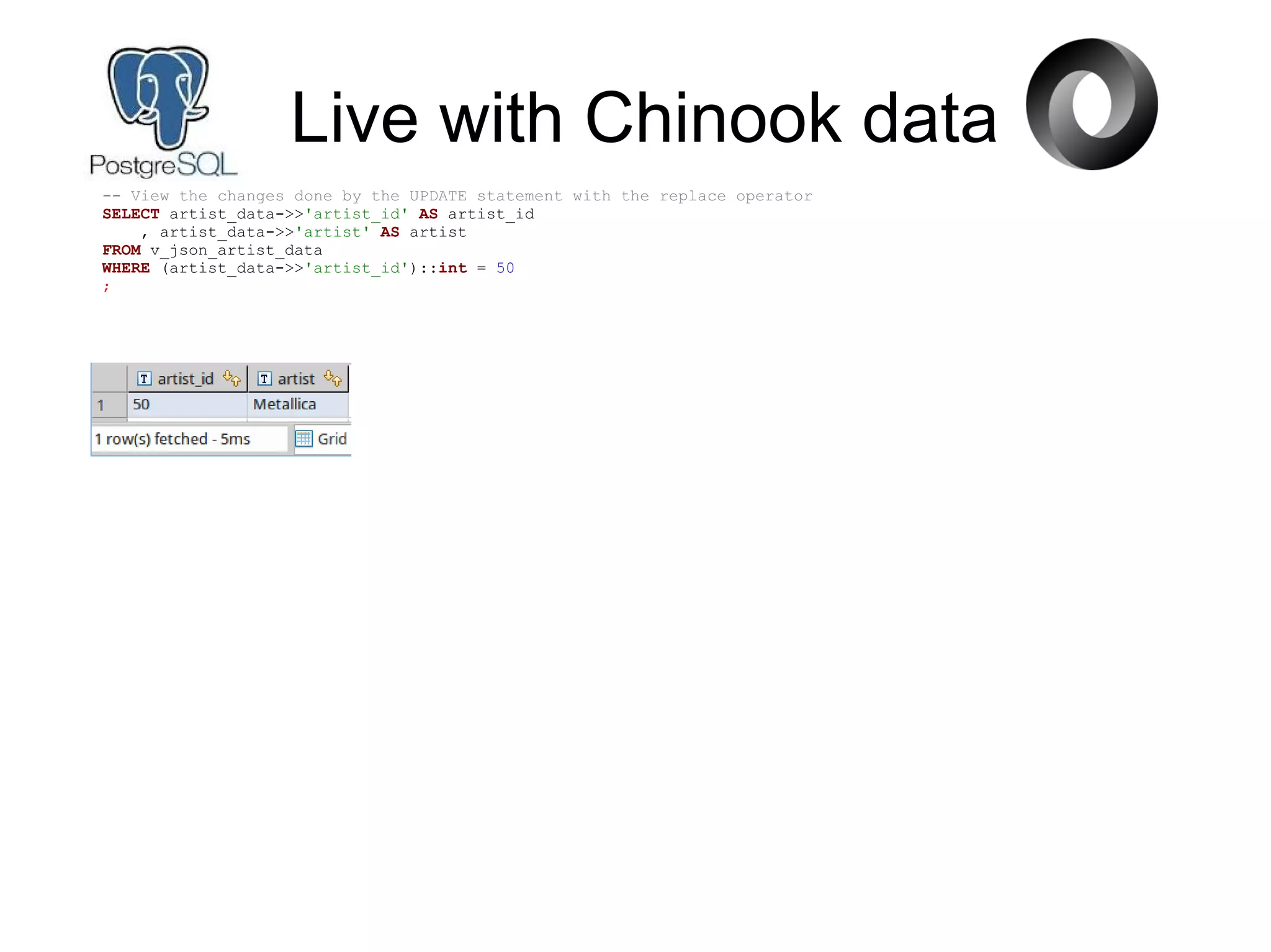 Live with Chinook data
-- View the changes done by the UPDATE statement with the replace operator
SELECT artist_data->>'artist_id' AS artist_id
, artist_data->>'artist' AS artist
FROM v_json_artist_data
WHERE (artist_data->>'artist_id')::int = 50
;
 